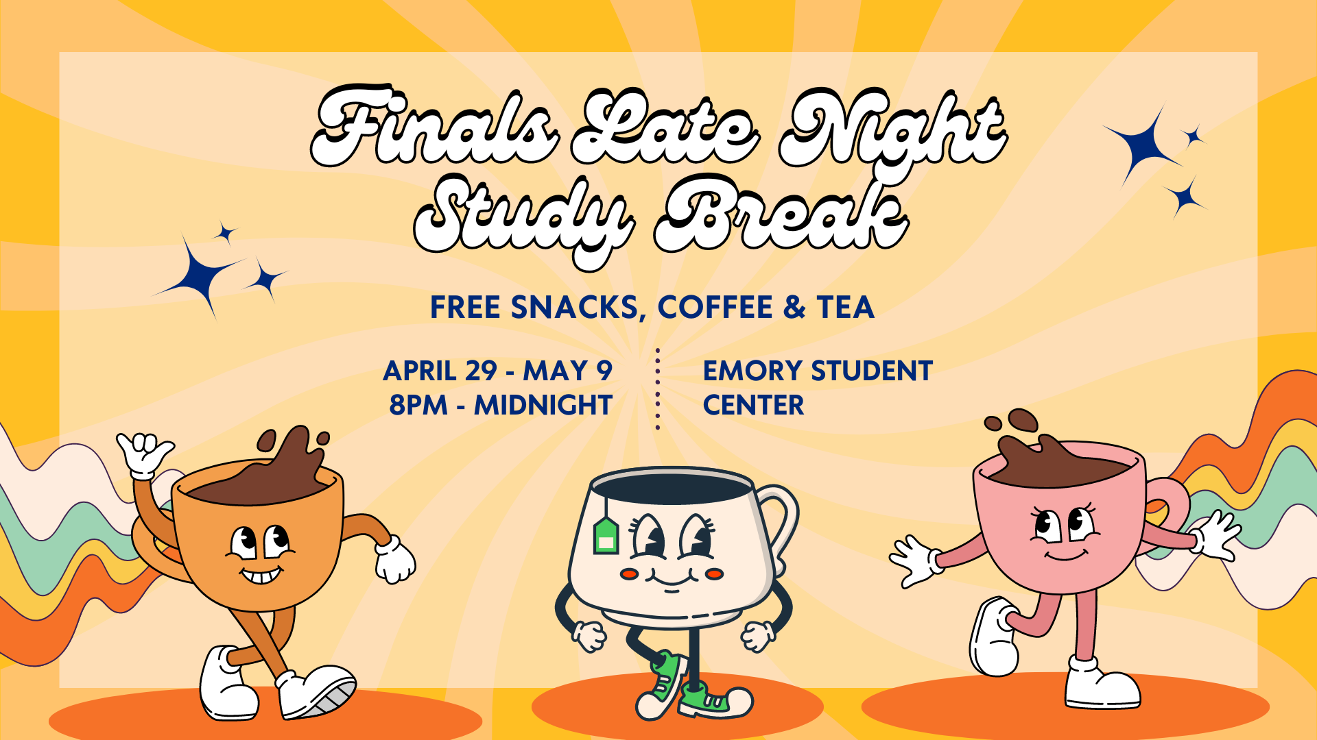 Finals Late Night Study Break digital signage — horizontal 16:9 version
